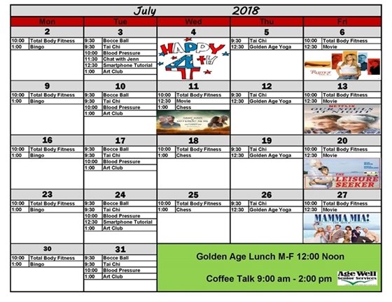 July Age Well Activities Calendar