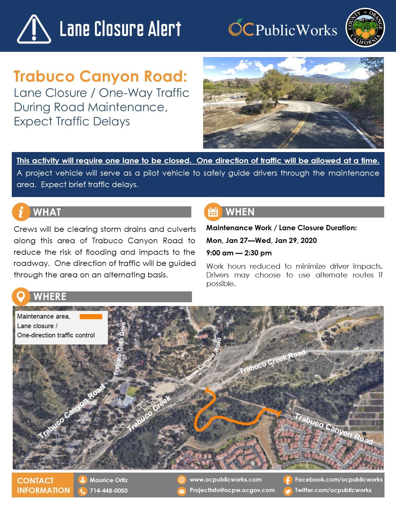 Trabuco Cyn Road Lane Closure - Maintenance Notification (1-21-2020)