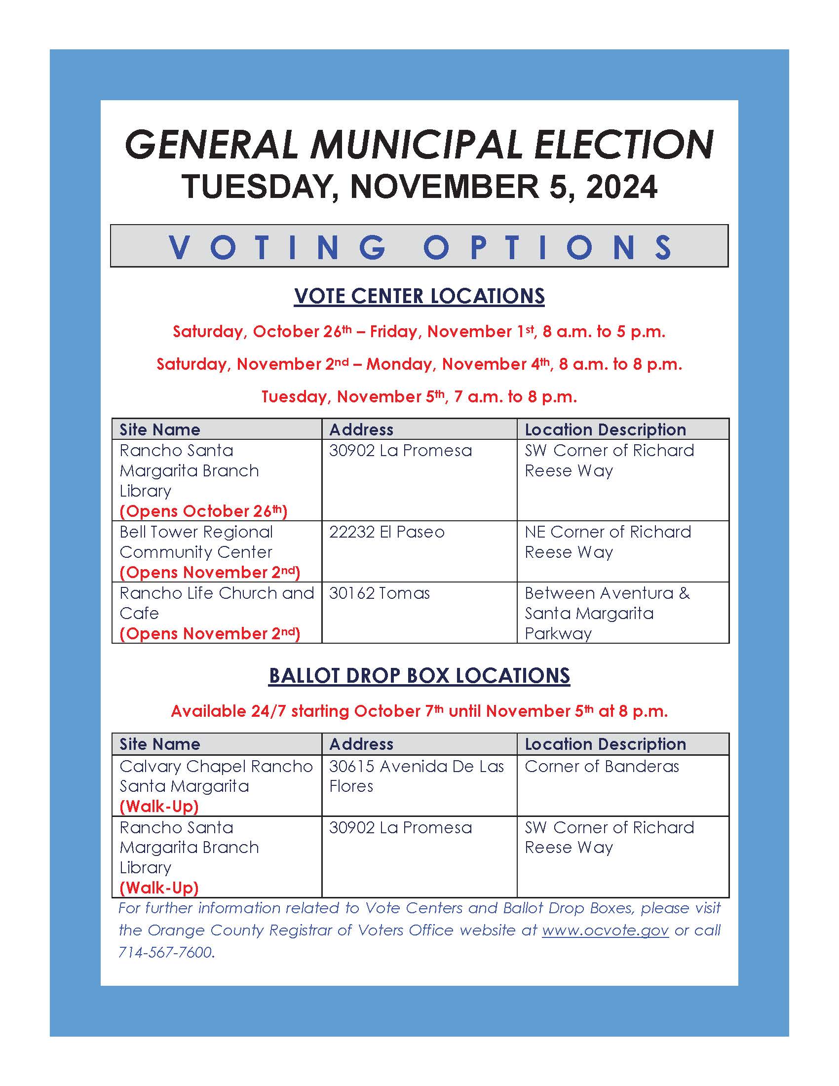 2024 General Municipal Election Voting Options Flyer