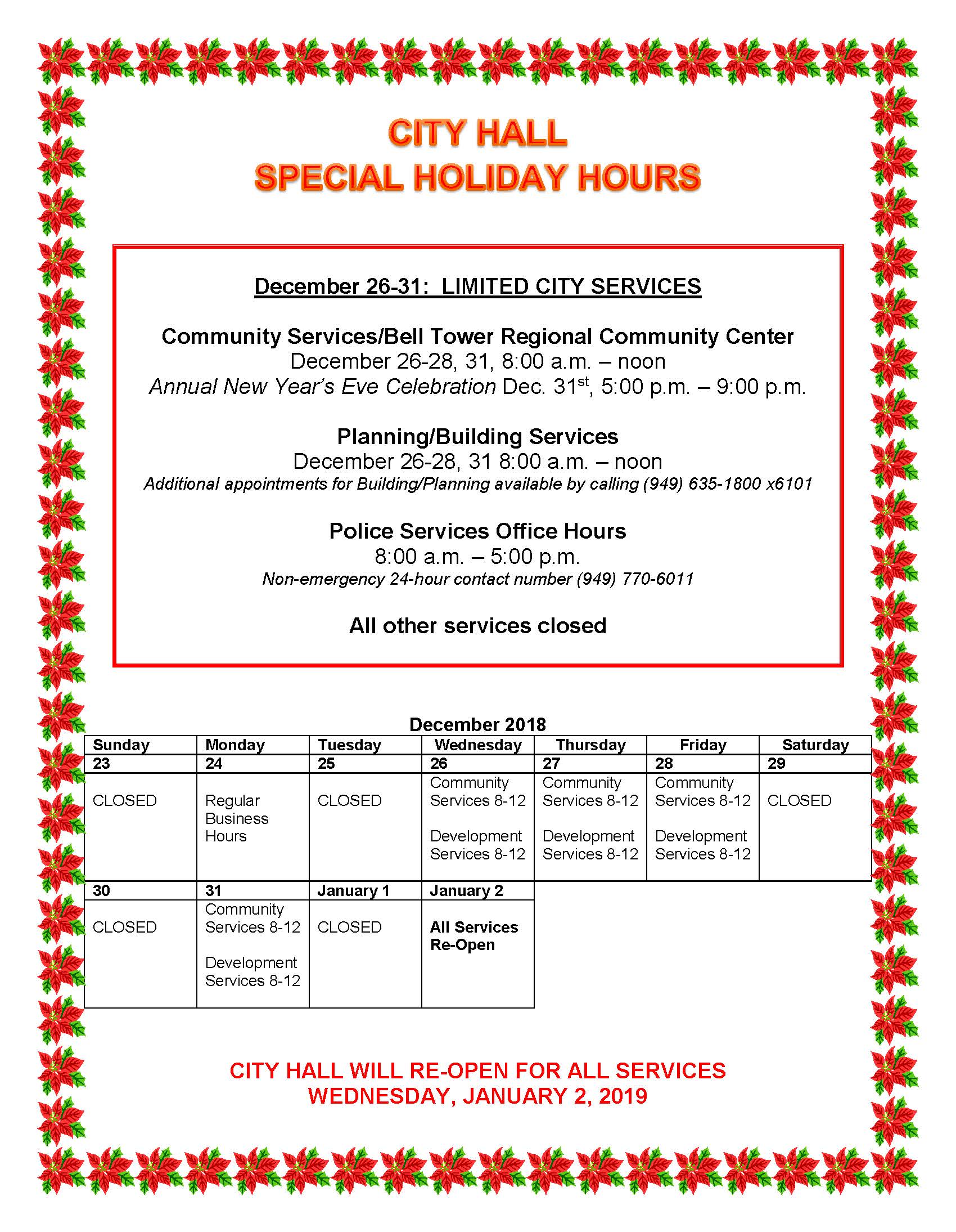 2018 SPECIAL HOLIDAY HOURS