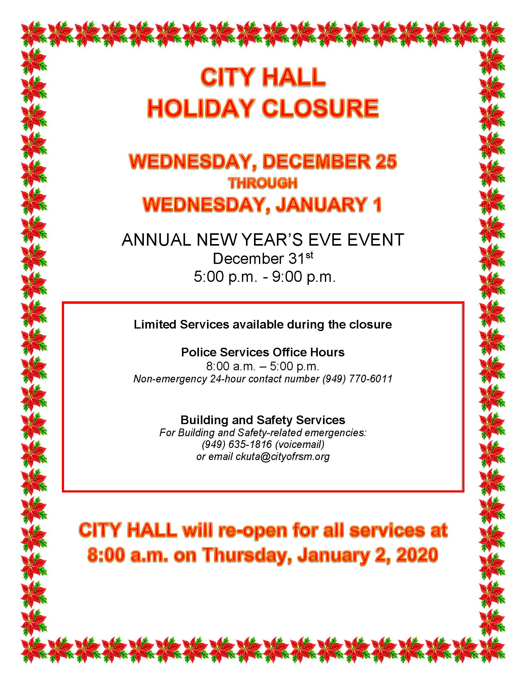 City Hall Holiday Closure 2019 Flyer