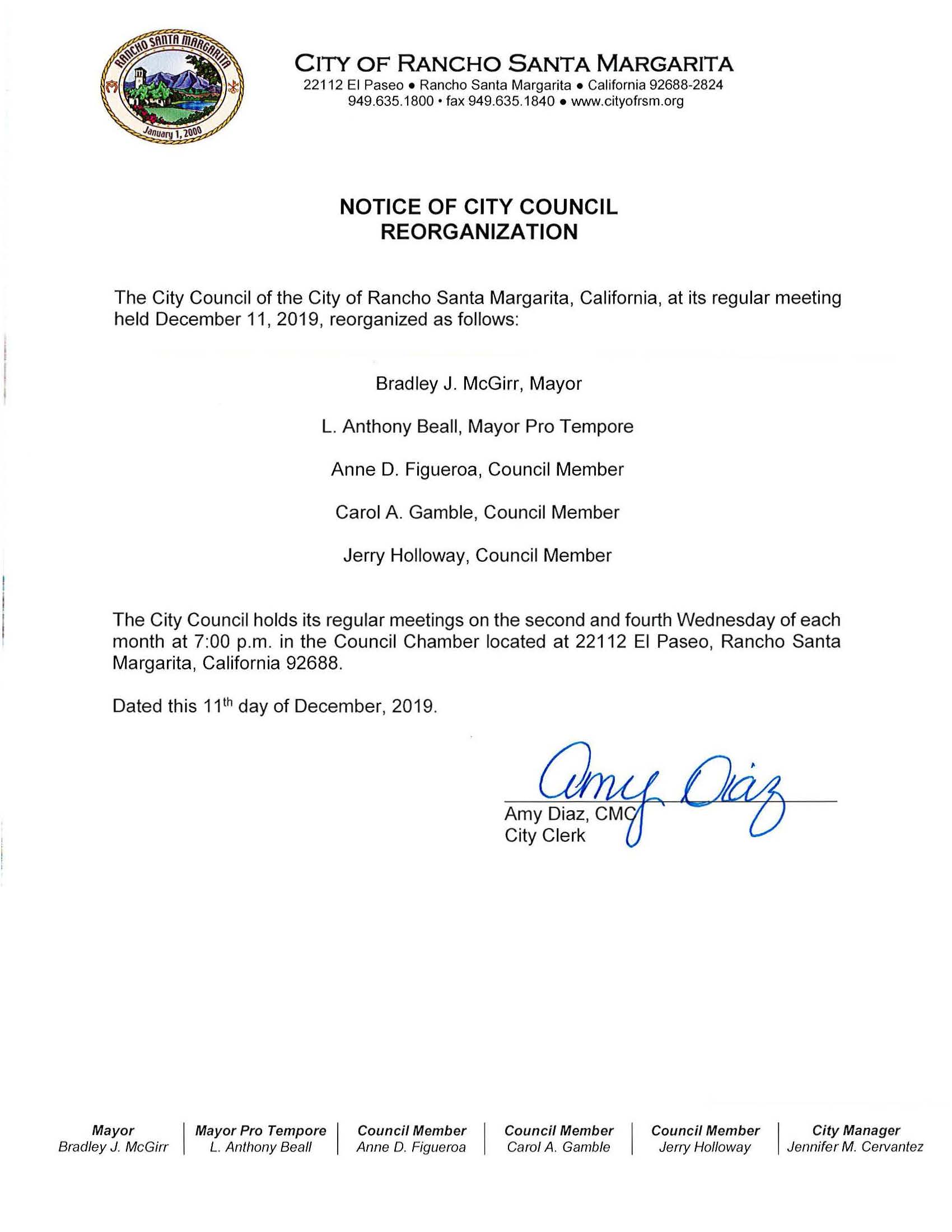 Notice of City Council Reorganization 2019